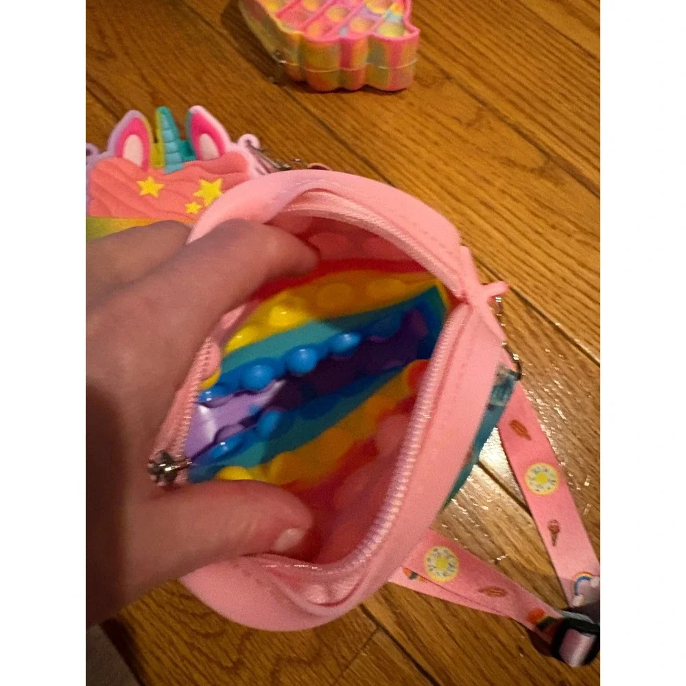 Kids Pop It Purse Set Unicorn Ice Cream‎ Hamburger Bag & Barbie Tin Lunch Box